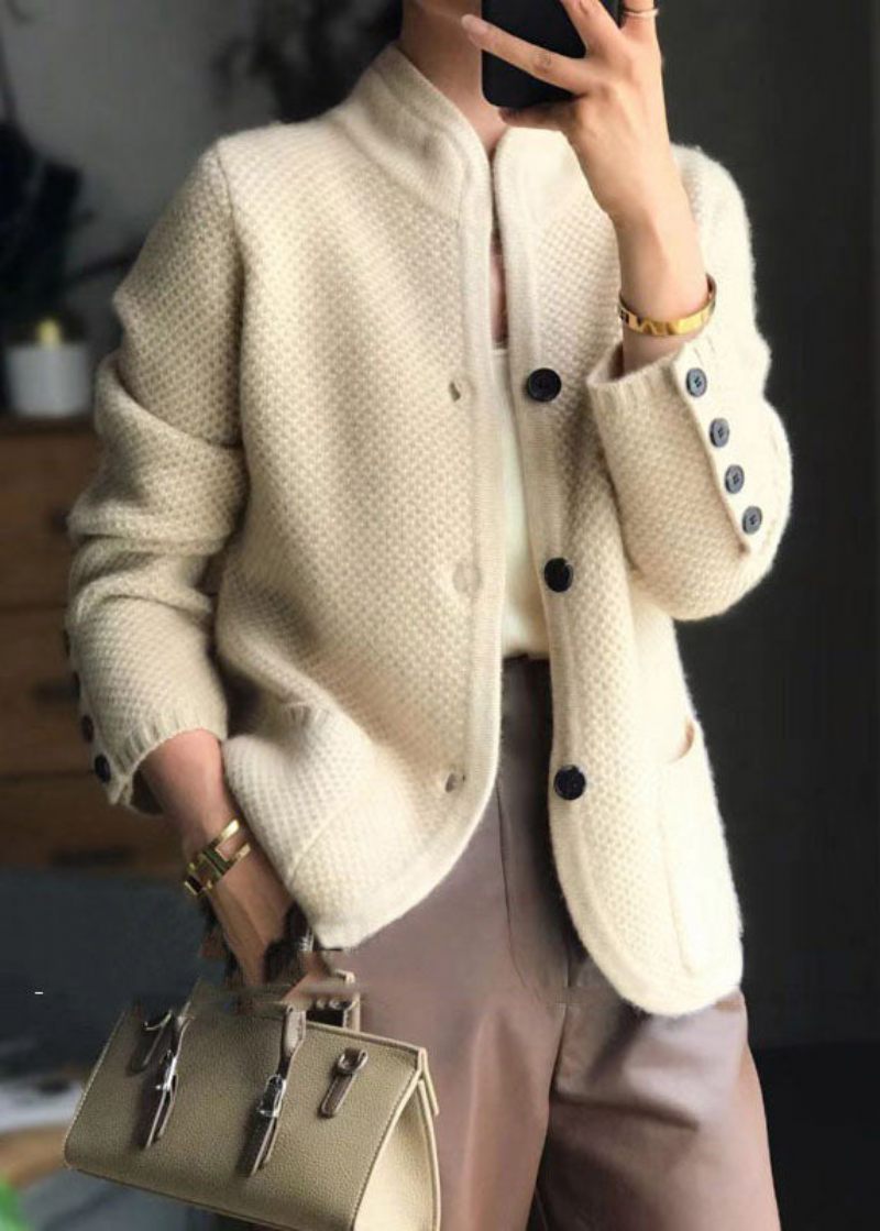 Snygg Beige Stativkrage Slim Fit Button Cashmere Cardigans Spring - Koftor för kvinnor