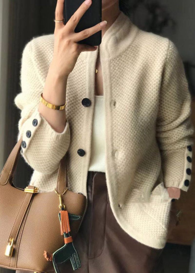 Snygg Beige Stativkrage Slim Fit Button Cashmere Cardigans Spring - Koftor för kvinnor