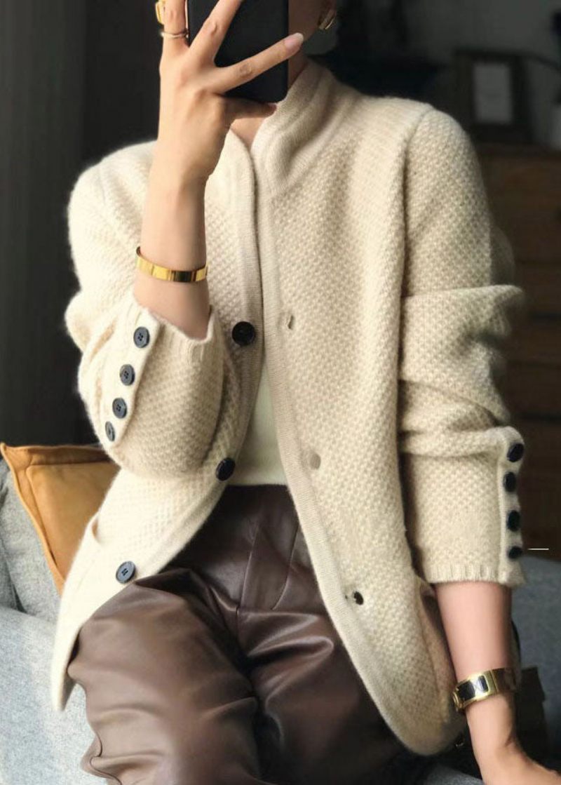 Snygg Beige Stativkrage Slim Fit Button Cashmere Cardigans Spring - Koftor för kvinnor