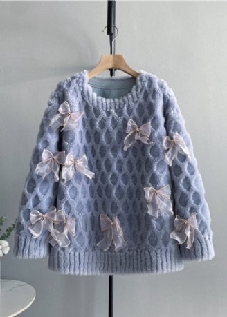 Snygg Blå O-hals Rosett Ull Pullover Top Winter