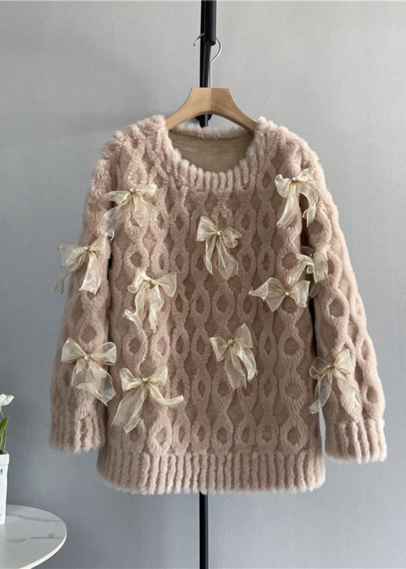 Snygg Blå O-hals Rosett Ull Pullover Top Winter - Ullrockar för kvinnor