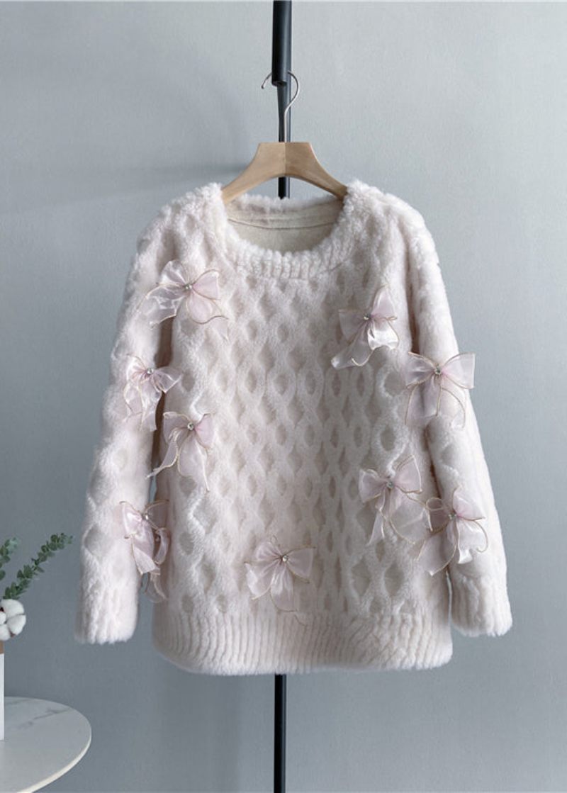 Snygg Blå O-hals Rosett Ull Pullover Top Winter - Ullrockar för kvinnor