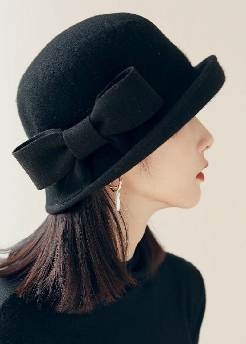 Snygg Black Bow Edge Curl Woolen Cloche Hat