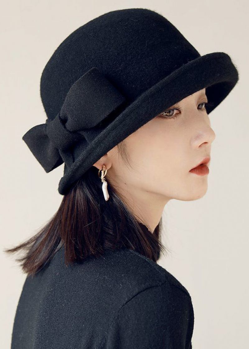 Snygg Black Bow Edge Curl Woolen Cloche Hat - Ullrockar för kvinnor