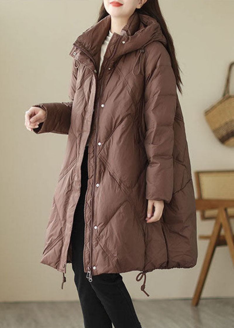 Snygg Kaffe Hooded Zip Up Oversized Duck Down Jacket Winter - Dunjackor för kvinnor