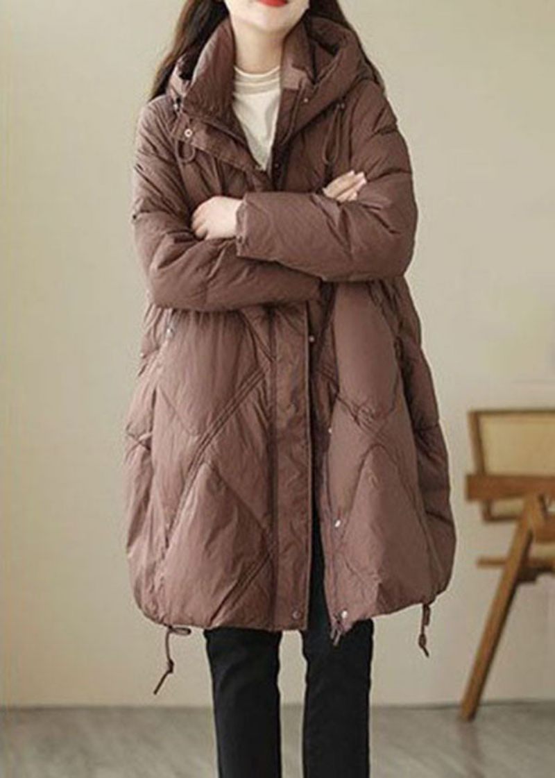 Snygg Kaffe Hooded Zip Up Oversized Duck Down Jacket Winter - Dunjackor för kvinnor