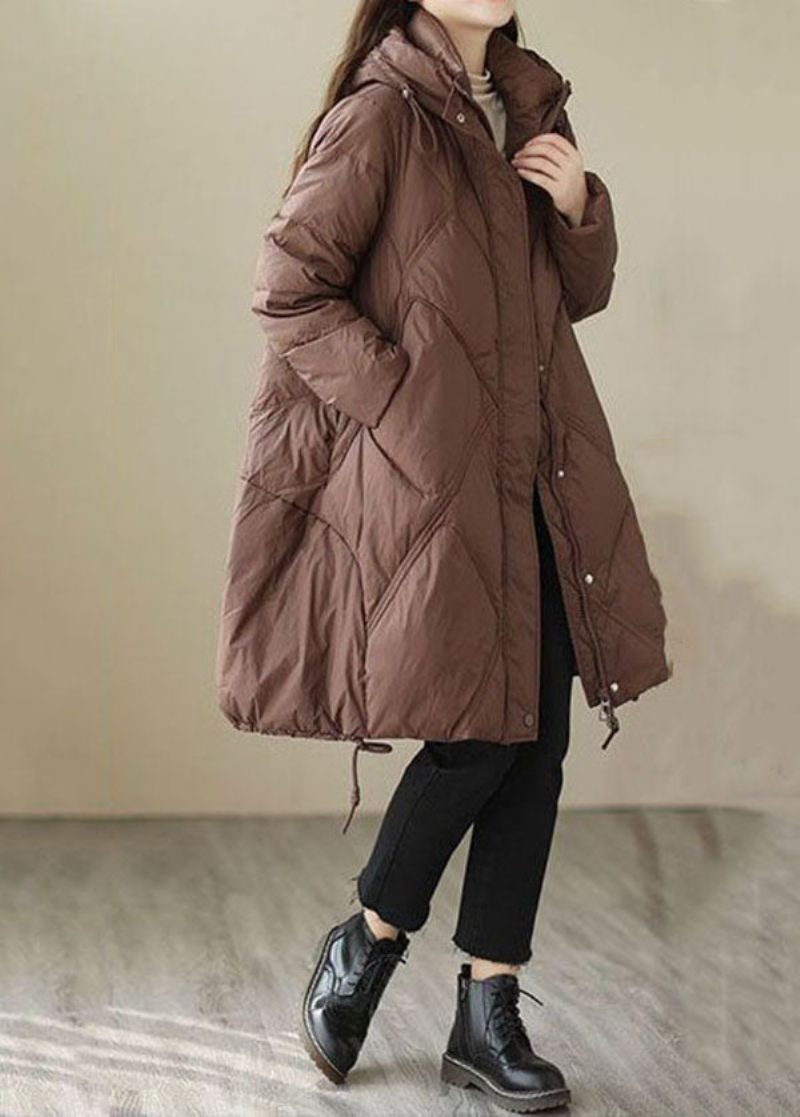 Snygg Kaffe Hooded Zip Up Oversized Duck Down Jacket Winter - Dunjackor för kvinnor