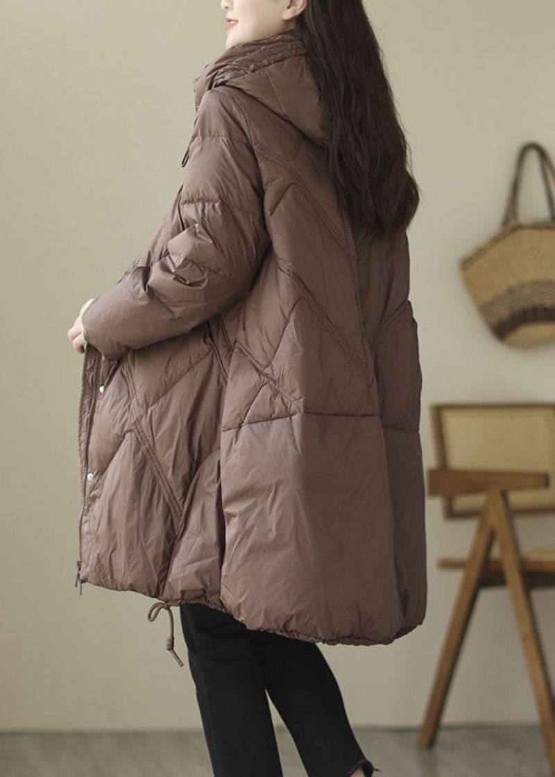 Snygg Kaffe Hooded Zip Up Oversized Duck Down Jacket Winter - Dunjackor för kvinnor