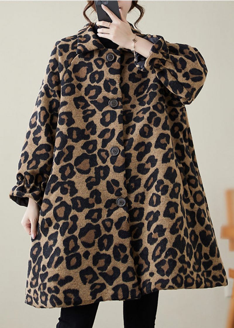 Snygg Kaki Oversized Leopard Print Yllerockar Vinter - Trenchcoats för kvinnor