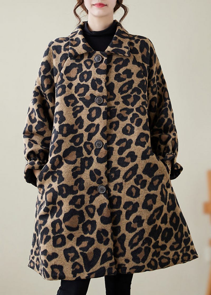 Snygg Kaki Oversized Leopard Print Yllerockar Vinter - Trenchcoats för kvinnor