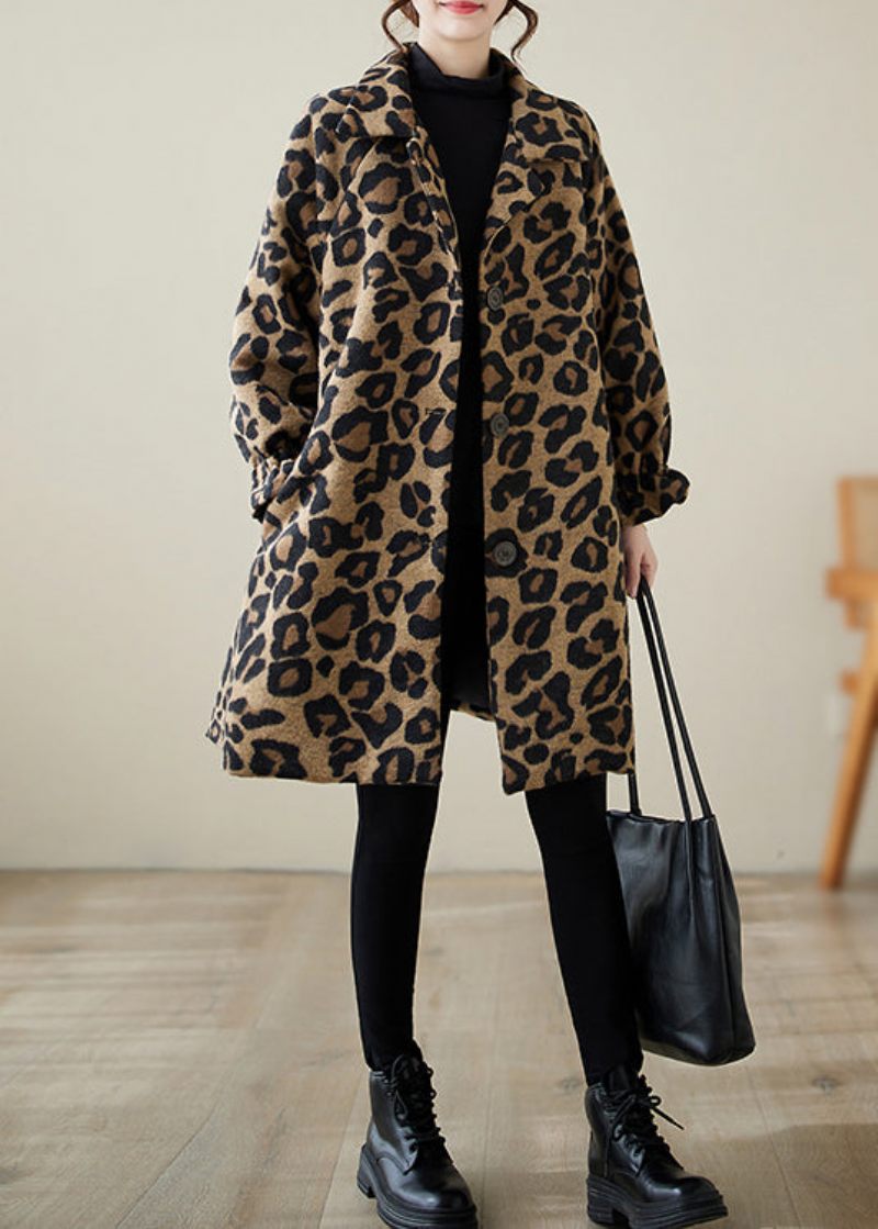 Snygg Kaki Oversized Leopard Print Yllerockar Vinter - Trenchcoats för kvinnor