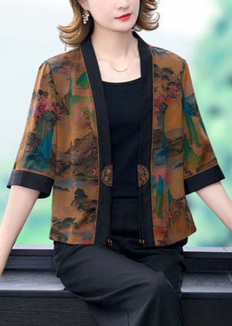 Snygg Khaki Oversized Print Silk Cardigan Half Sleeve