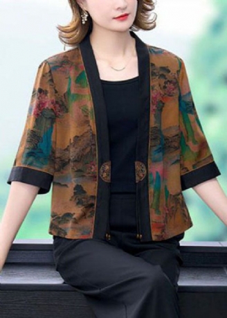 Snygg Khaki Oversized Print Silk Cardigan Half Sleeve