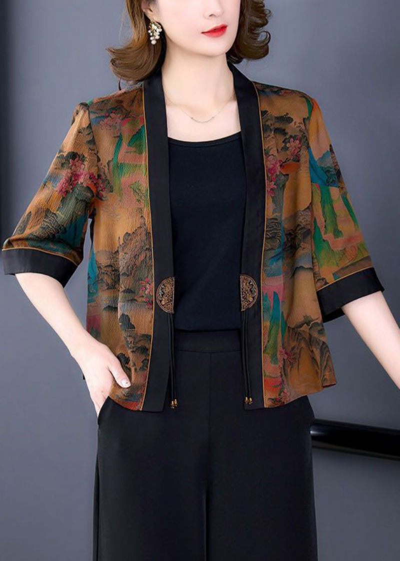 Snygg Khaki Oversized Print Silk Cardigan Half Sleeve - Koftor för kvinnor