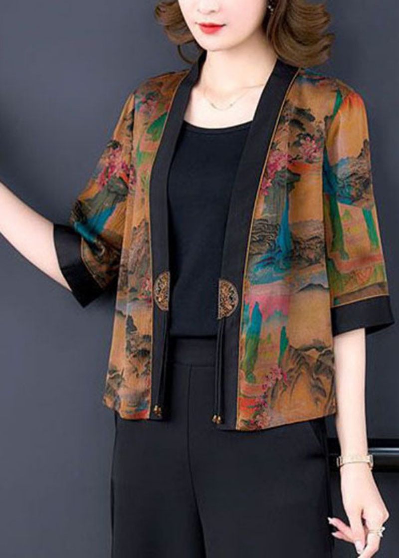 Snygg Khaki Oversized Print Silk Cardigan Half Sleeve - Koftor för kvinnor