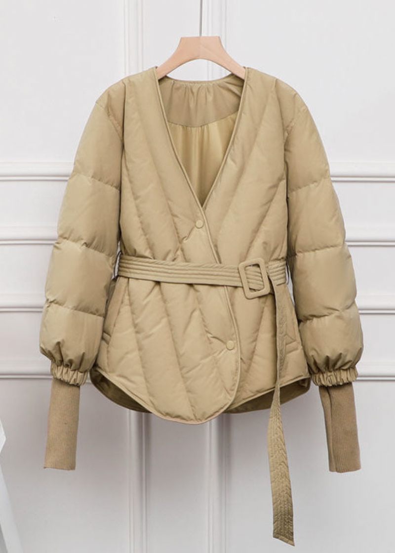 Snygg Khaki V-hals Sashes Duck Down Cinch Coat Vinter