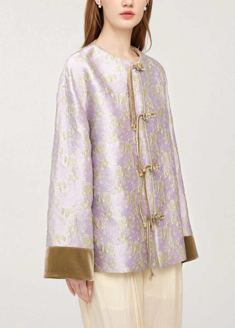 Snygg Lila O-ringad Knapp Silk Velour Patchwork Coats Spring - Vinterkappor för kvinnor