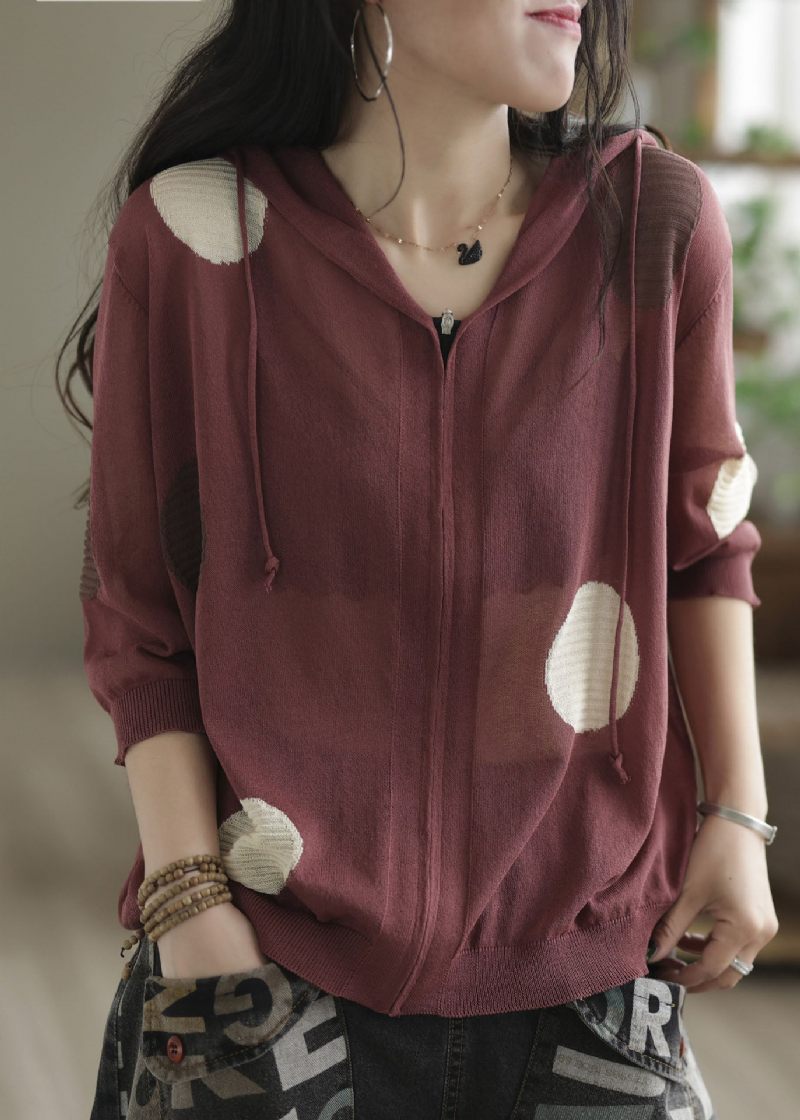 Snygg Mulberry Hooded Dot Print Knit Loose Coat Spring