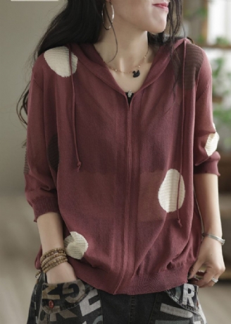 Snygg Mulberry Hooded Dot Print Knit Loose Coat Spring