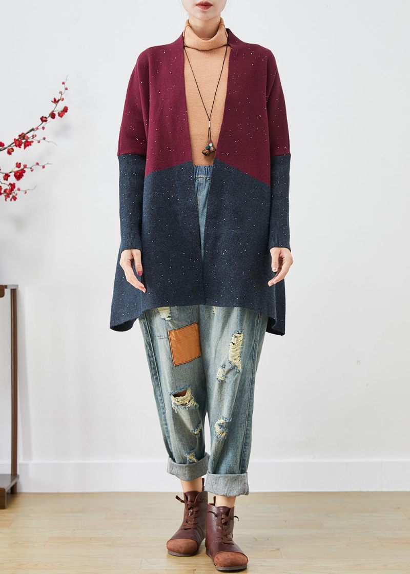 Snygg Mulberry Oversized Patchwork Stickad Cardigans Batwing Sleeve