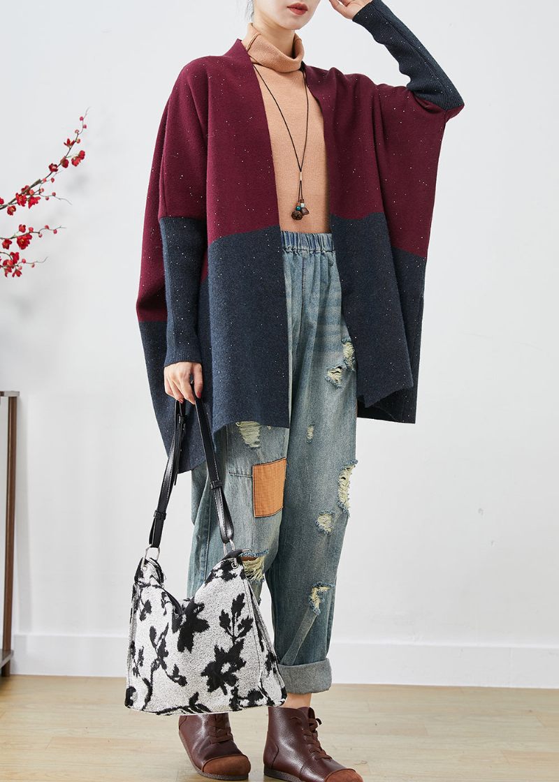 Snygg Mulberry Oversized Patchwork Stickad Cardigans Batwing Sleeve - Koftor för kvinnor