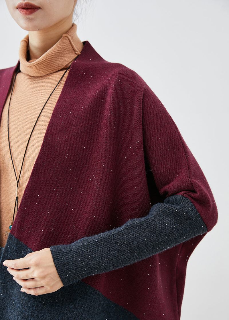 Snygg Mulberry Oversized Patchwork Stickad Cardigans Batwing Sleeve - Koftor för kvinnor