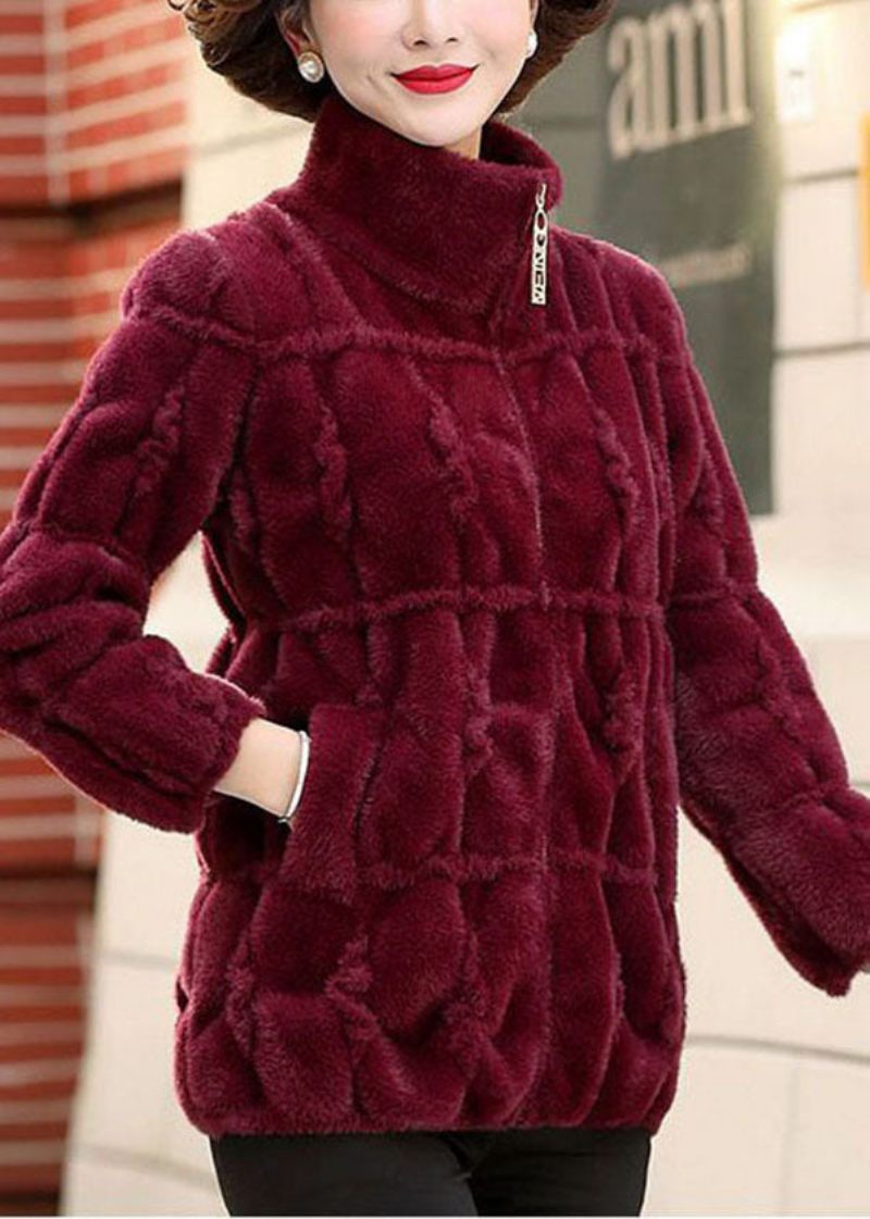 Snygg Mulberry Peter Pan Krage Zip Up Mink Hair Stickad Coat Winter - Mulberry