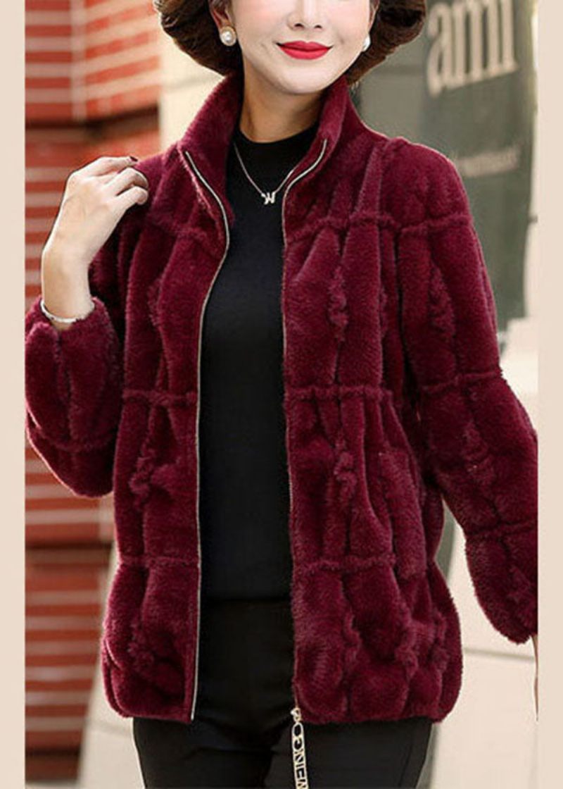 Snygg Mulberry Peter Pan Krage Zip Up Mink Hair Stickad Coat Winter - Mulberry