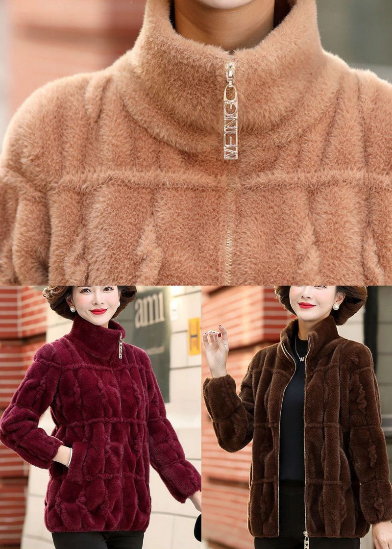 Snygg Mulberry Peter Pan Krage Zip Up Mink Hair Stickad Coat Winter - Mulberry