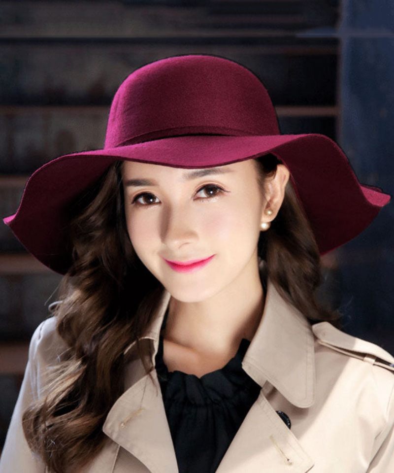 Snygg Mulberry Wave Brim Bow Woolen Cloche Hat