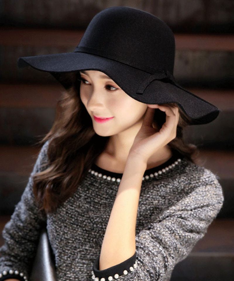 Snygg Mulberry Wave Brim Bow Woolen Cloche Hat - Mulberry