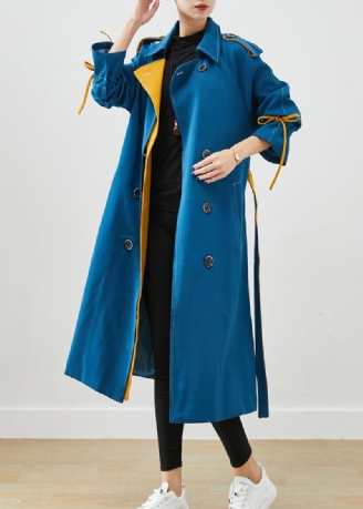 Snygg Peacock Blue Double Breast Tie Midja Cotton Coats Höst