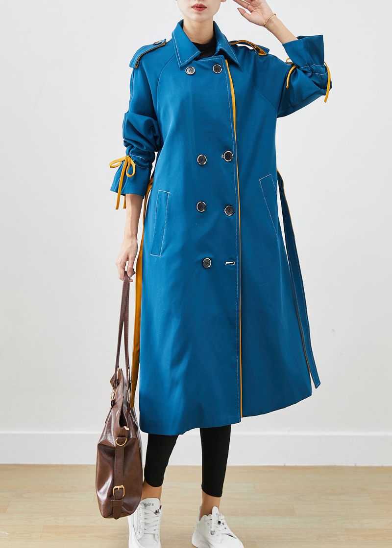 Snygg Peacock Blue Double Breast Tie Midja Cotton Coats Höst - Trenchcoats för kvinnor