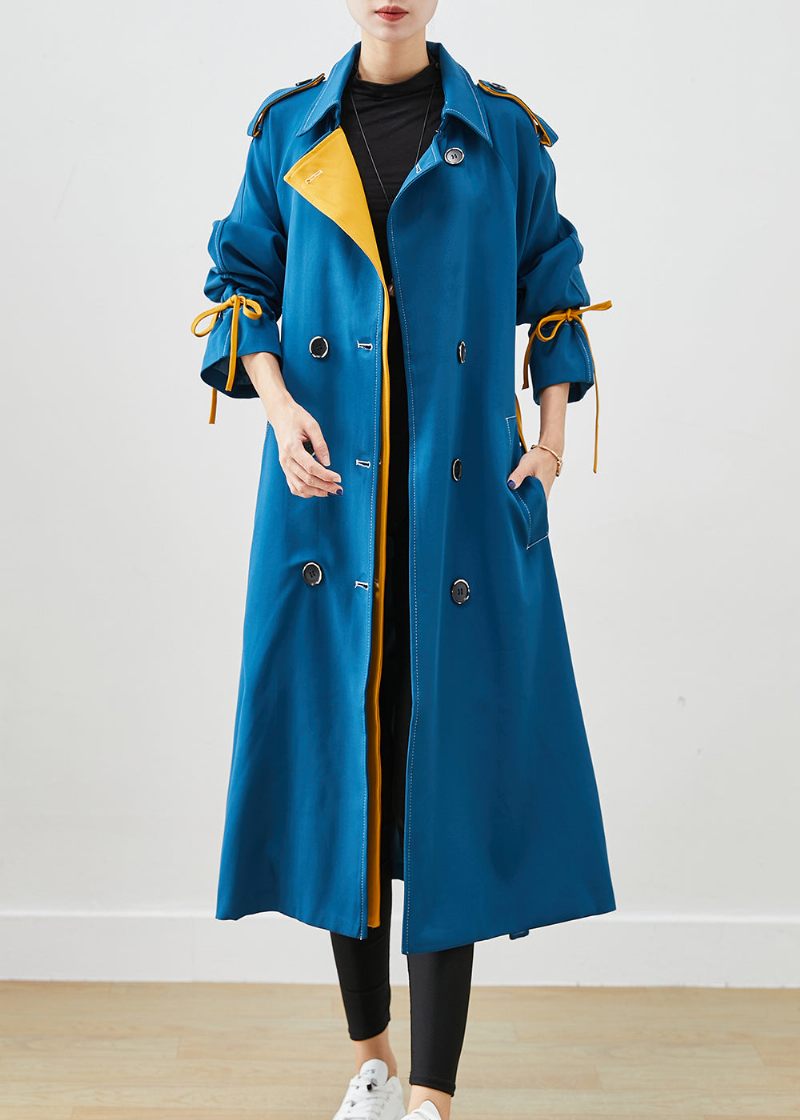 Snygg Peacock Blue Double Breast Tie Midja Cotton Coats Höst - Trenchcoats för kvinnor