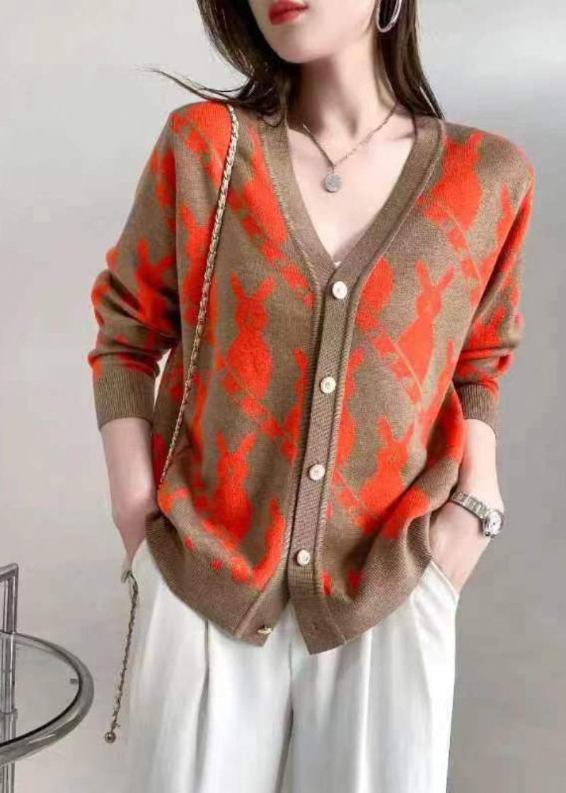 Snygg Rose V-ringad Knapp Jacquard Woolen Cardigan Fall - Koftor för kvinnor