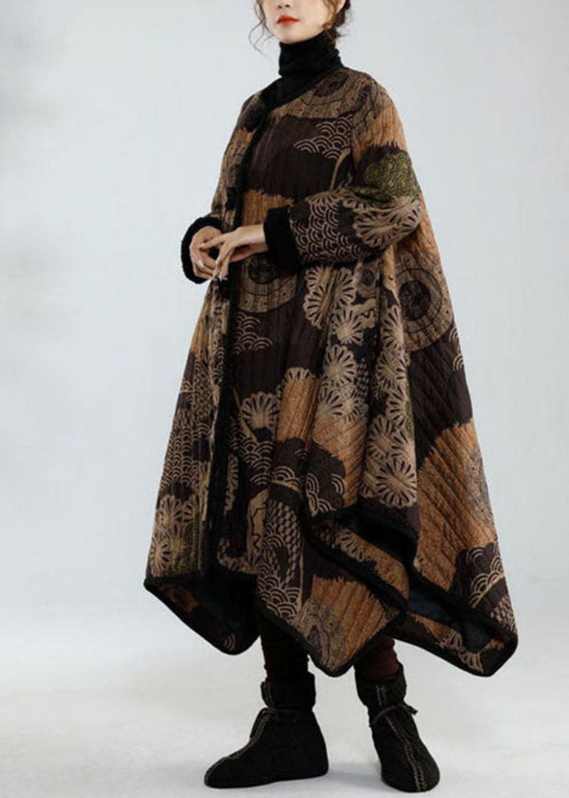 Snygg Svart Asymmetrisk Design Oversized Print Fine Bomullsfyllda Trenchcoats Vinter