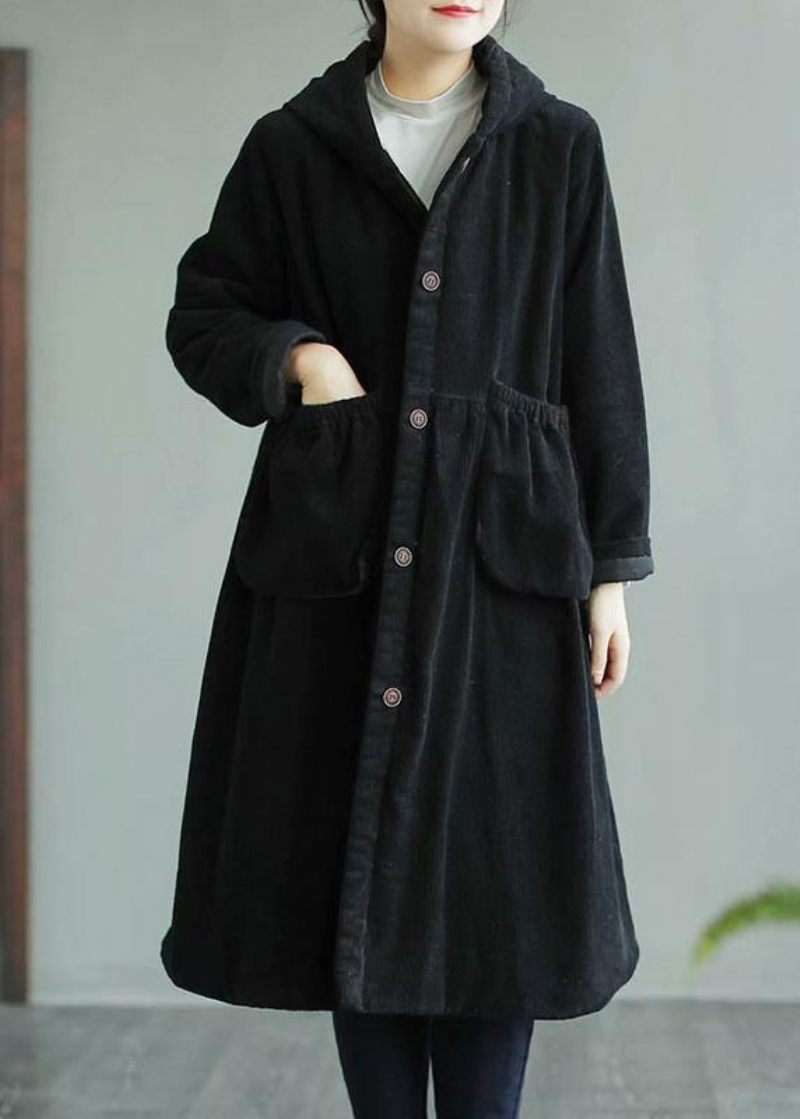 Snygg Svart Fin Maxi Coat Sy Hooded Pocks Damrockar