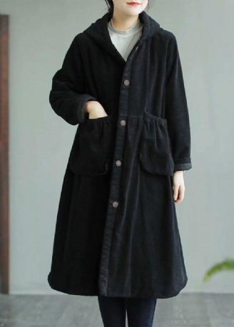 Snygg Svart Fin Maxi Coat Sy Hooded Pocks Damrockar