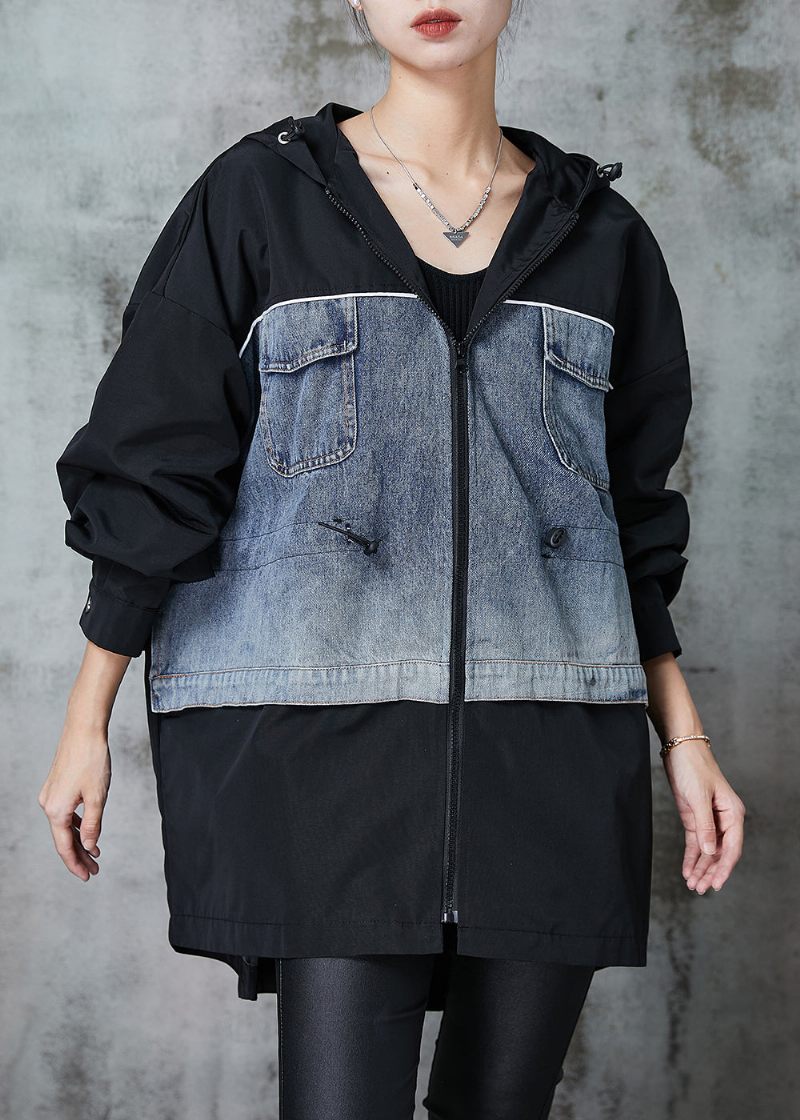 Snygg Svart Oversized Patchwork Dragsko Coat Spring