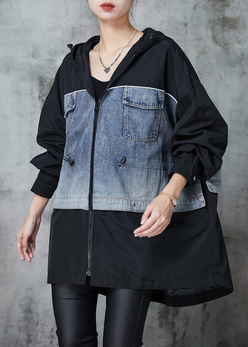 Snygg Svart Oversized Patchwork Dragsko Coat Spring - Vinterkappor för kvinnor