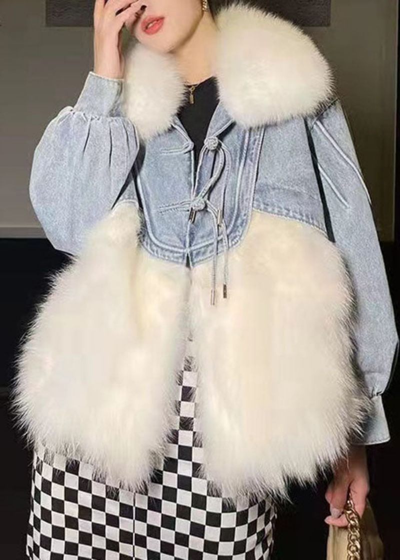 Snygg Vit Tofsad Denim Patchwork Fuzzy Fur Fluffy Coat Vinter