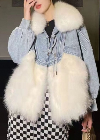 Snygg Vit Tofsad Denim Patchwork Fuzzy Fur Fluffy Coat Vinter