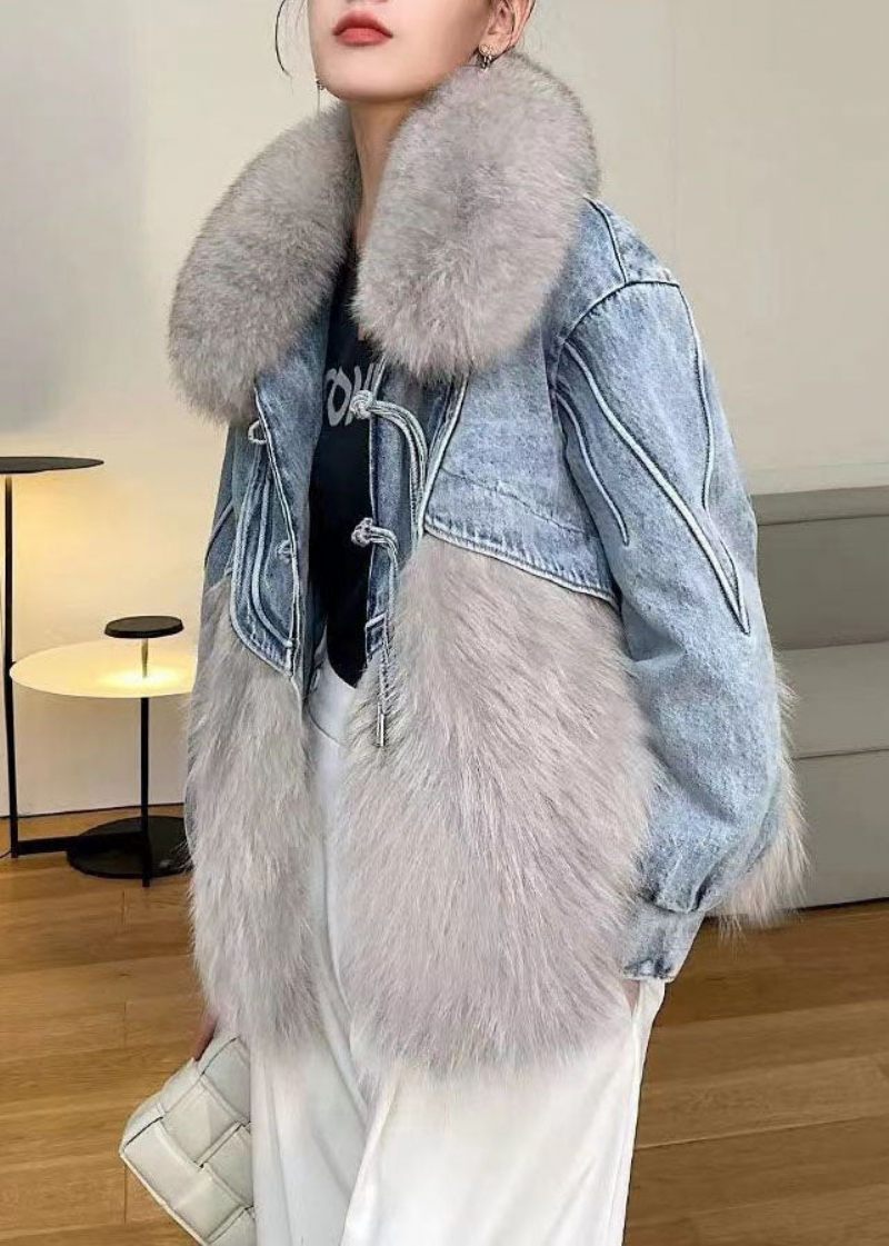 Snygg Vit Tofsad Denim Patchwork Fuzzy Fur Fluffy Coat Vinter - Vinterkappor för kvinnor