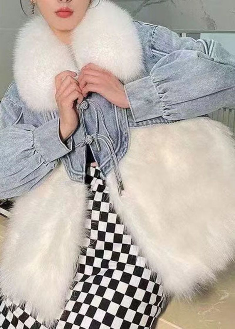 Snygg Vit Tofsad Denim Patchwork Fuzzy Fur Fluffy Coat Vinter - Vinterkappor för kvinnor