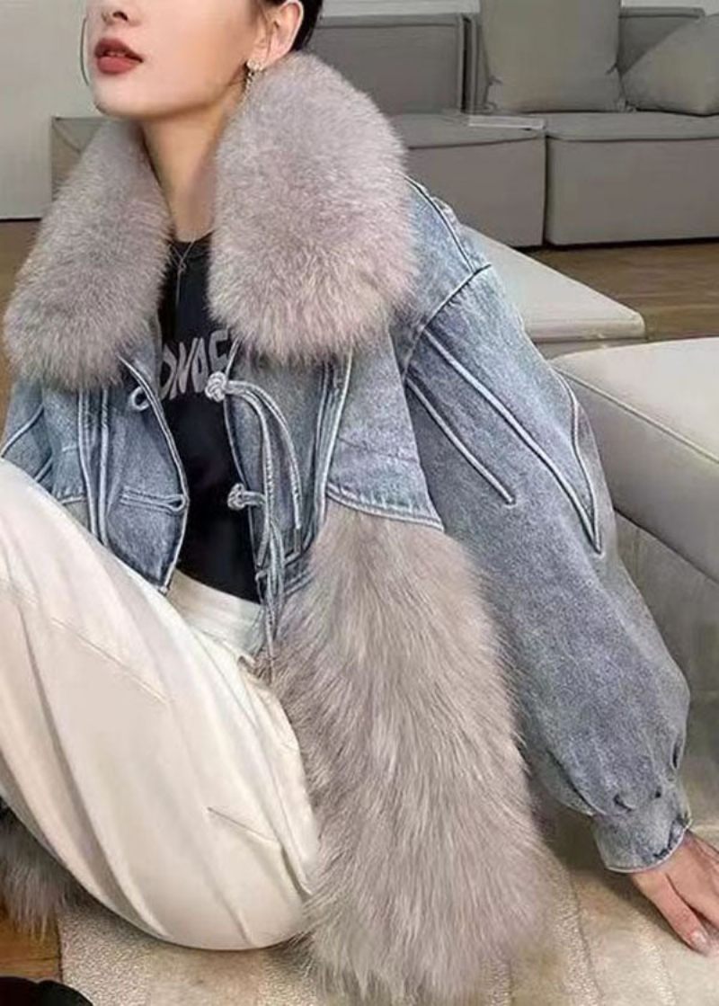 Snygg Vit Tofsad Denim Patchwork Fuzzy Fur Fluffy Coat Vinter - Vinterkappor för kvinnor