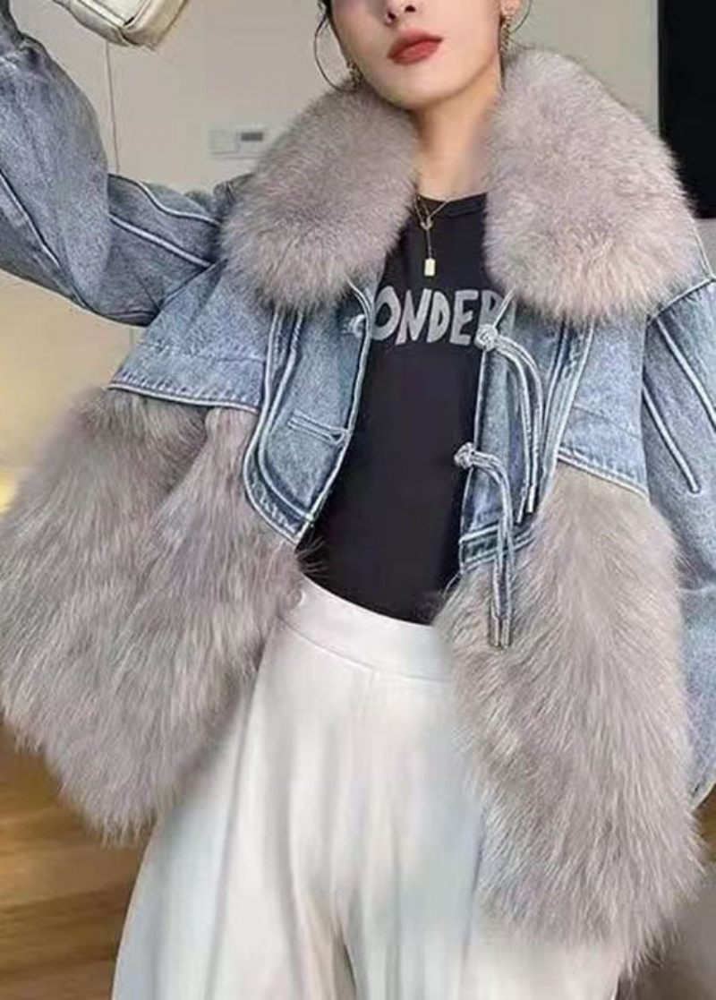 Snygg Vit Tofsad Denim Patchwork Fuzzy Fur Fluffy Coat Vinter - Vinterkappor för kvinnor