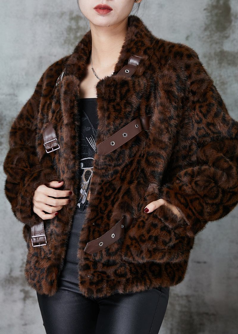 Snygga Bruna Leopardtrycksfickor Faux Fur Coat Vinter