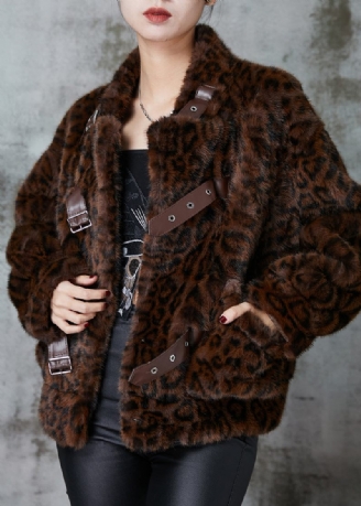 Snygga Bruna Leopardtrycksfickor Faux Fur Coat Vinter