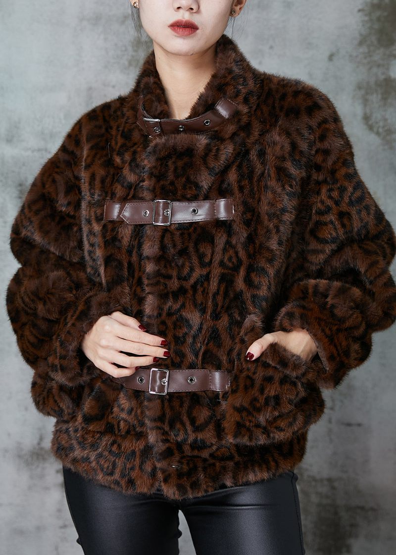 Snygga Bruna Leopardtrycksfickor Faux Fur Coat Vinter - Vinterkappor för kvinnor