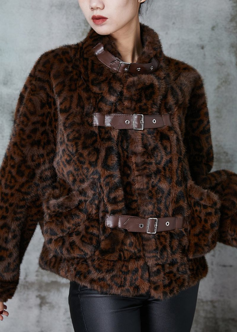 Snygga Bruna Leopardtrycksfickor Faux Fur Coat Vinter - Vinterkappor för kvinnor